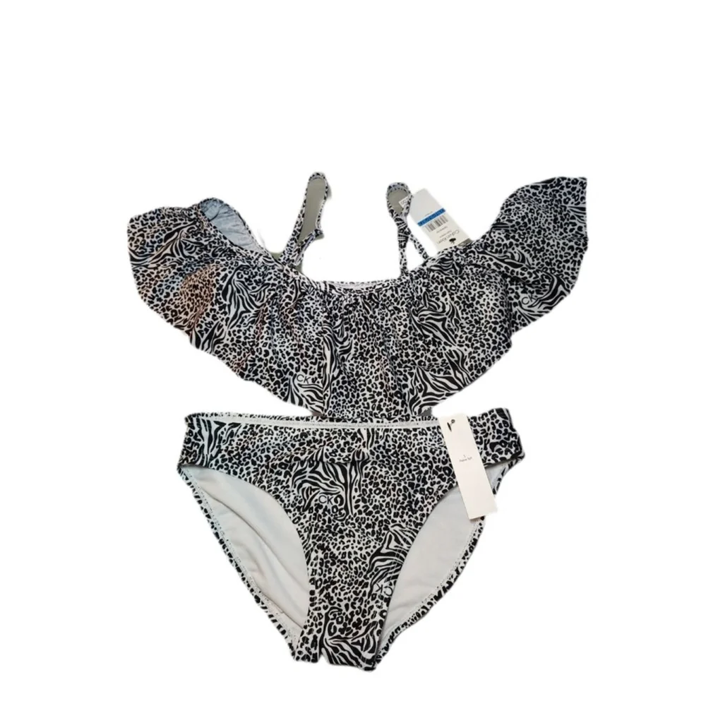 Calvin Klein Girls XL 16 Bikini Set Black White Animal Print 2 Piece Swim NWT